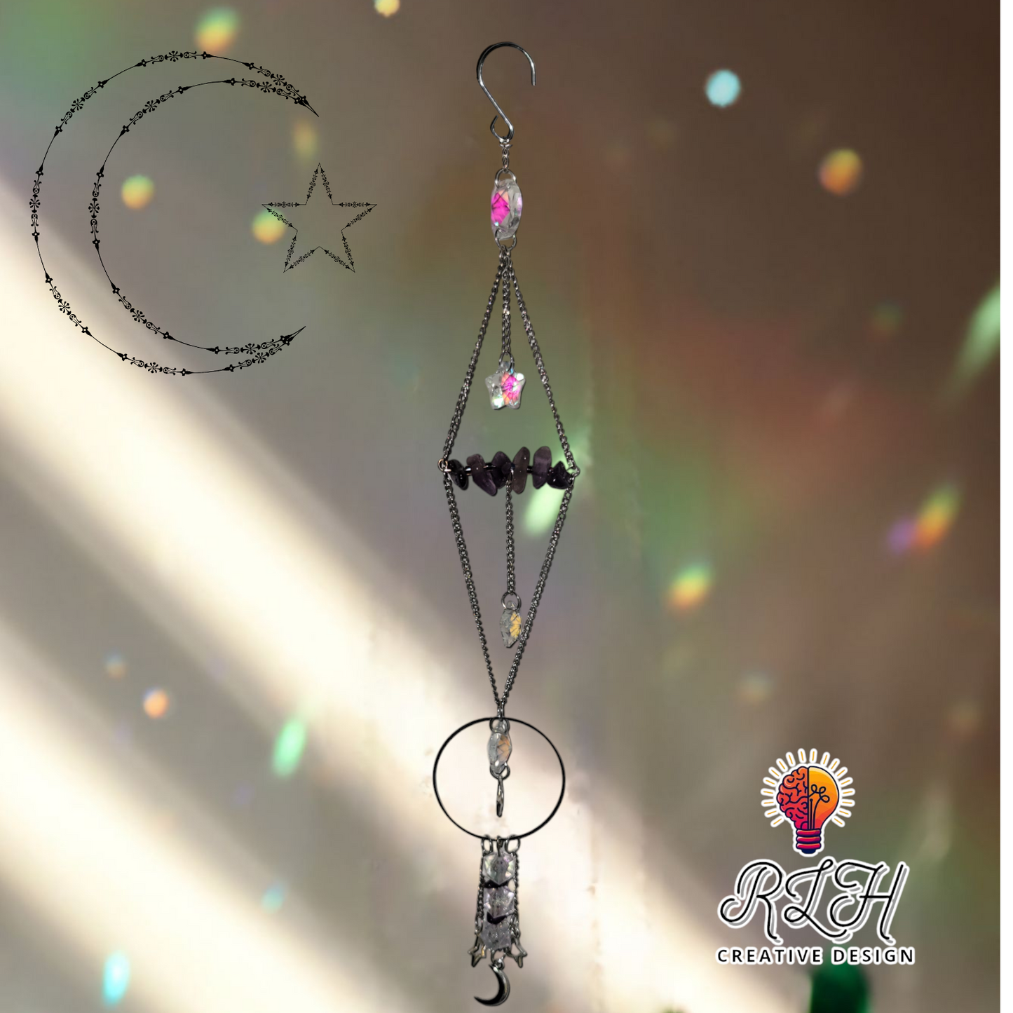 Moon with Stars Dangles and Purple Stone Accents Suncatcher by RLH Creative Design