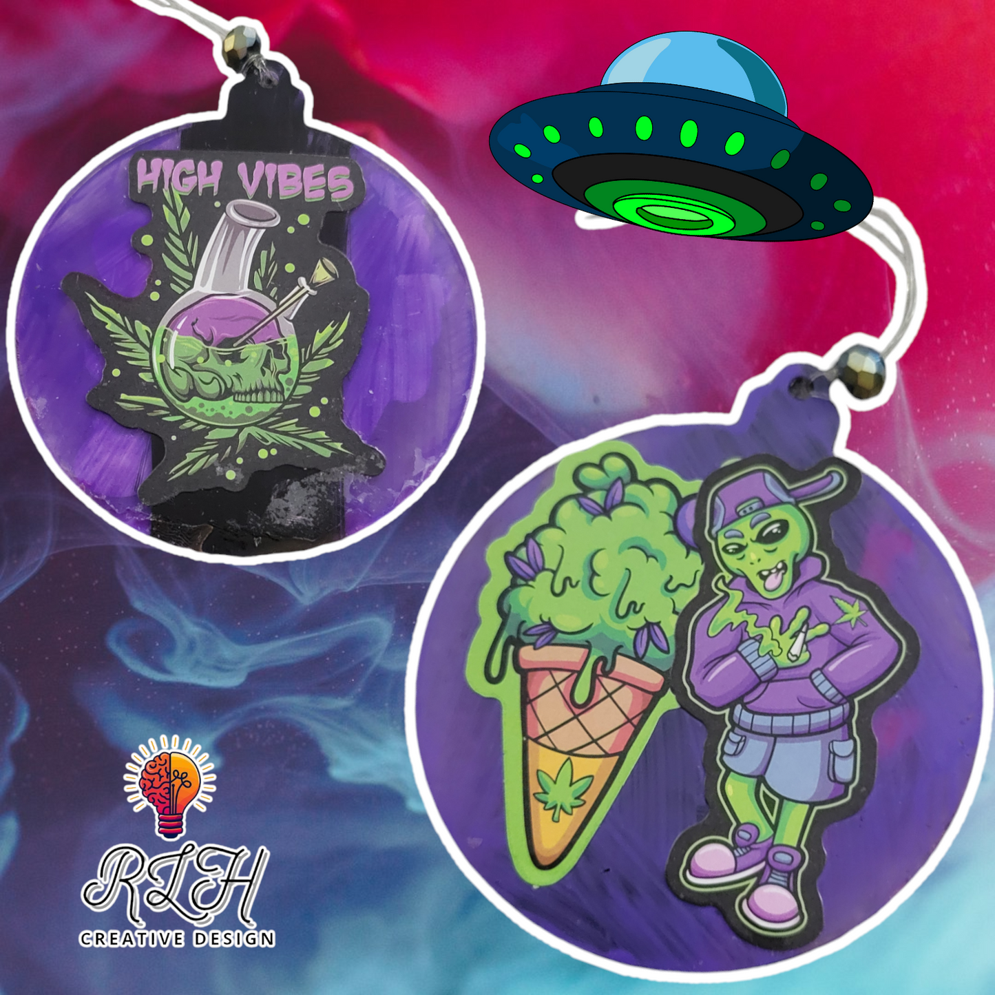 Double Sided Hand Painted Mary Jane Tie Dye Alien Ornament / Car Hanger by RLH Creative Design