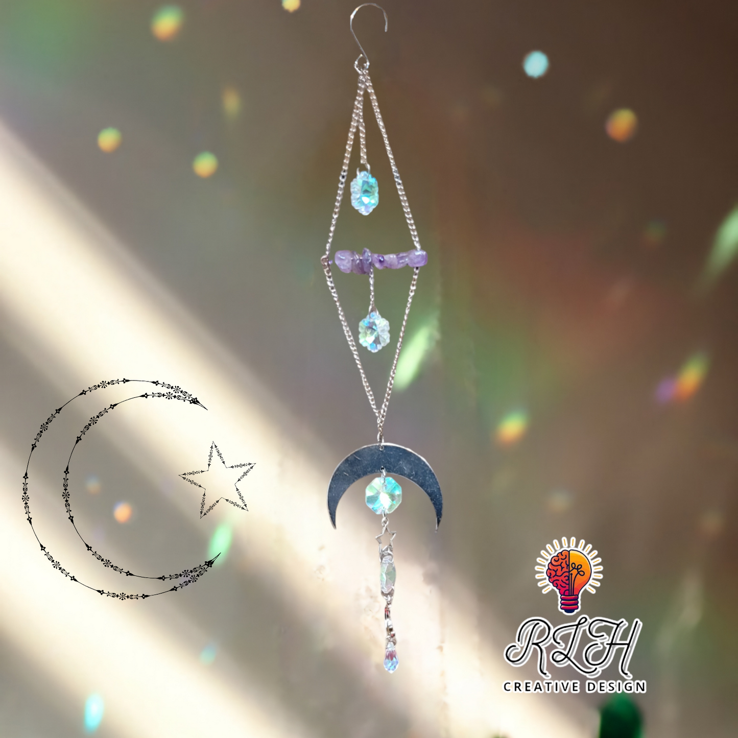 Large Half Moon with Star Dangles Suncatcher by RLH Creative Design