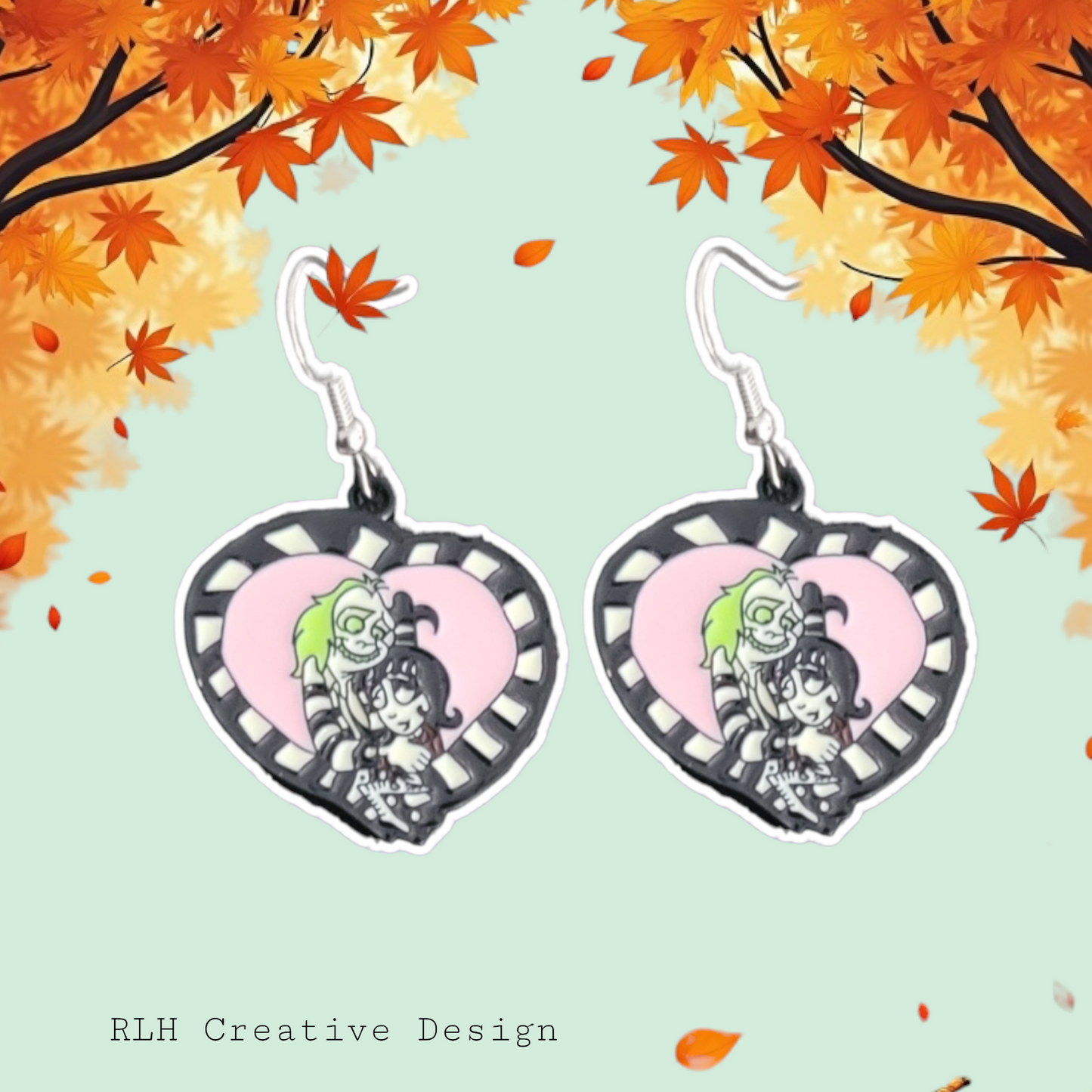 Beetlejuice & Lydia Heart Halloween Dangle Earrings by RLH Creative Design