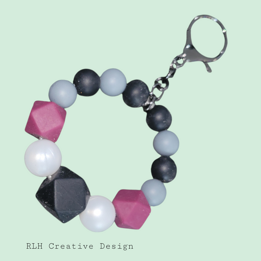 Burgundy, Black, White, & Grey Small Loop Silicone Beaded Keychain by RLH Creative Design