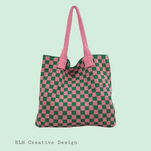 Checkered Knitted Pink & Green Tote Bag by RLH Creative Design