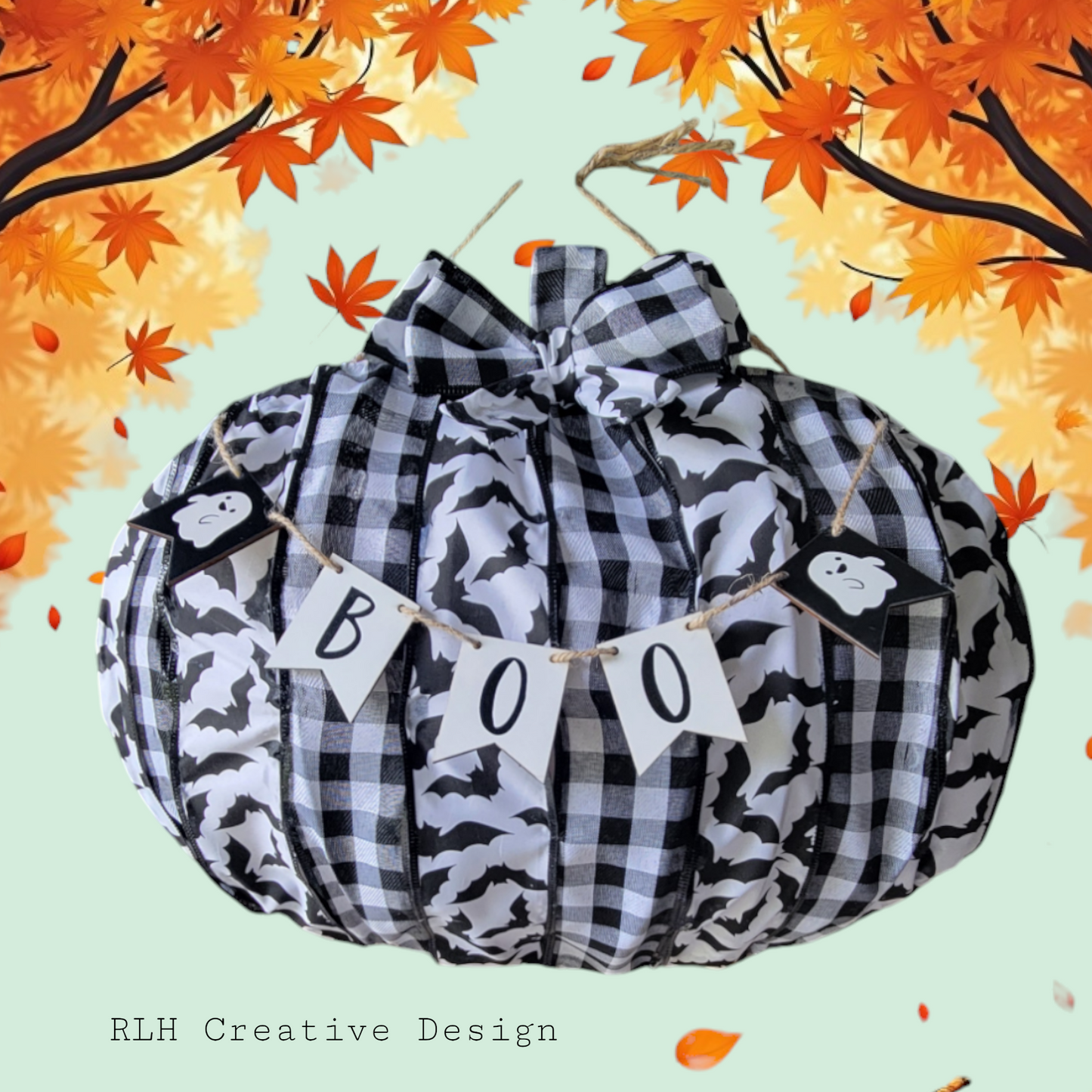 Handmade Plaid & Bat Ribbon Pumpkin Halloween with Boo Banner Door Hanger by RLH Creative Design