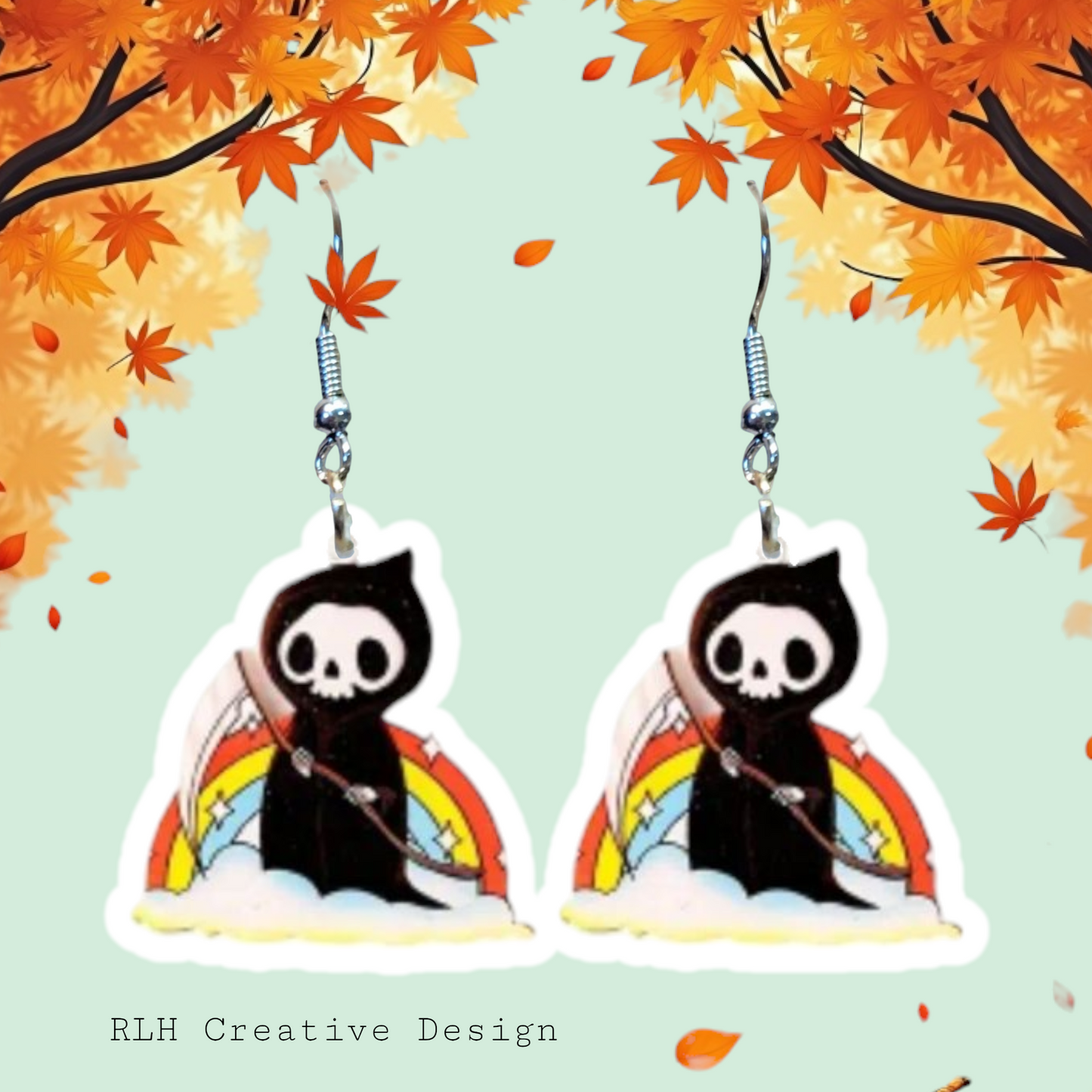 Rainbow Grim Reaper Dangle Earrings by RLH Creative Design