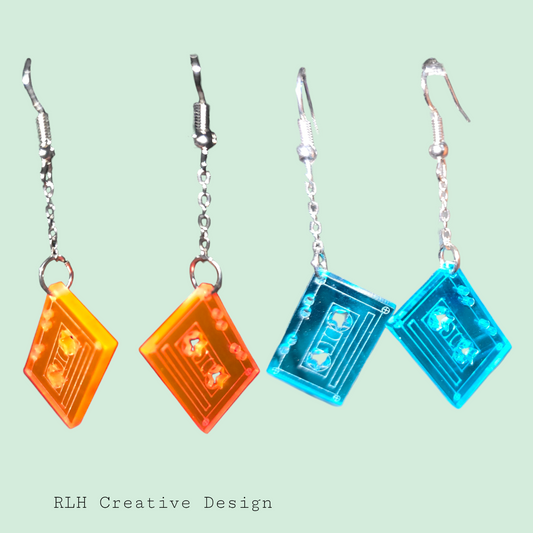 Translucent Neon Cassette Tape Dangle Earrings by RLH Creative Design