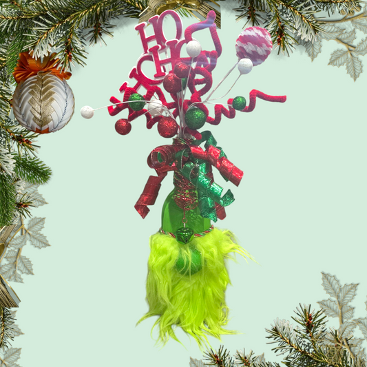 Handmade Wine Bottle Grinchy Christmas Gnome