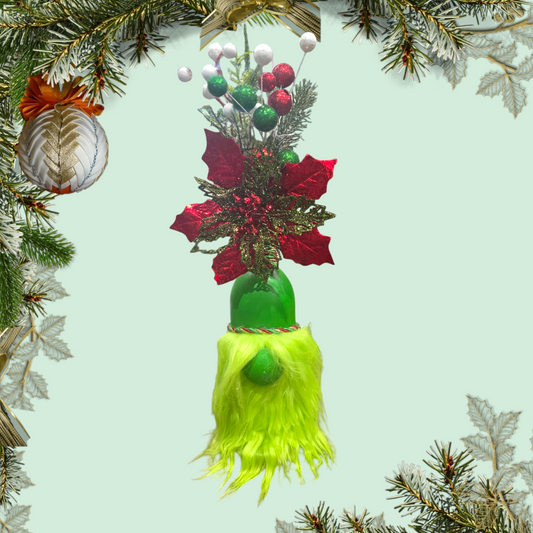 Handmade Wine Bottle Floral Grinchy Christmas Gnome