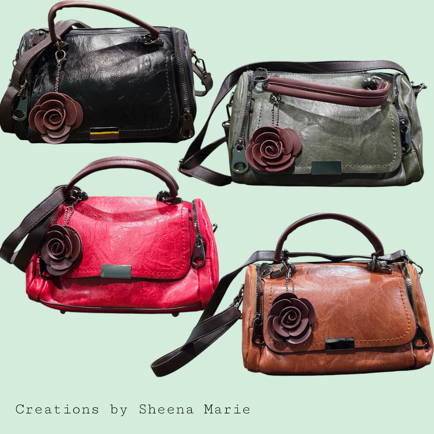 Faux Leather Barrel Crossbody Bag with Rosette Keychain