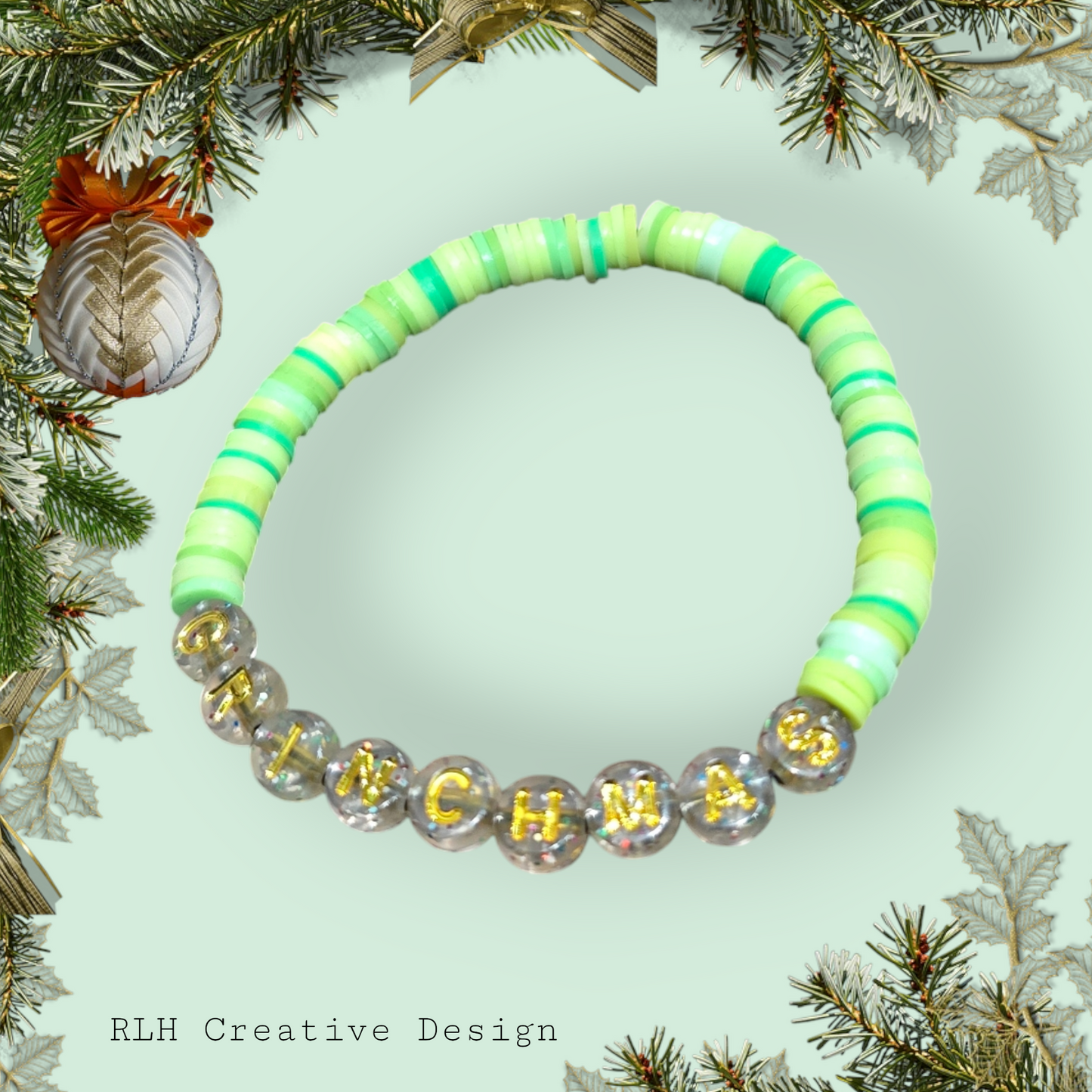 Green Grinchmas Clay Beaded Stretch Bracelet by RLH Creative Design