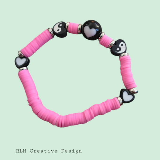 Pink and Black Heart and Ying Yang 90s Inspired Hand Beaded Stretch Bracelet by RLH Creative Design