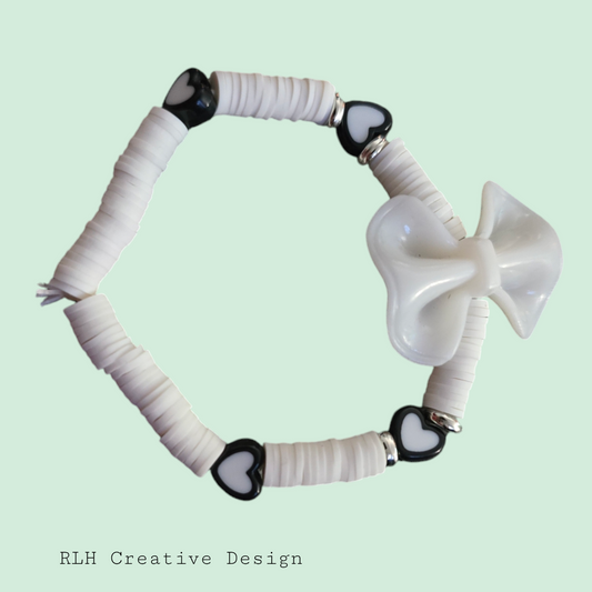 White & Black Bow & Heart Hand Beaded Stretch Bracelet by RLH Creative Design