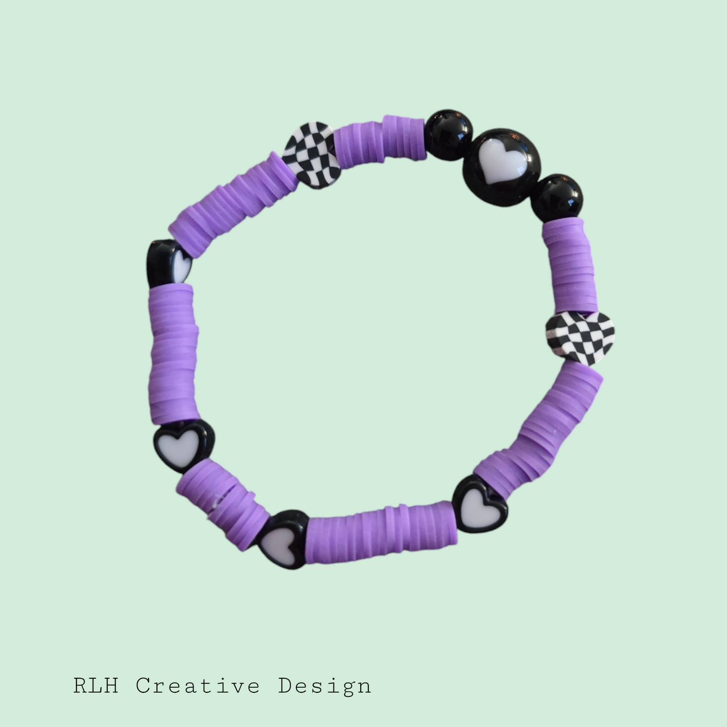 Purple & Black Checkered Heart Hand Beaded Stretch Bracelet by RLH Creative Design