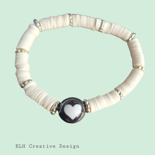 White with Heart Accent Hand Beaded Stretch Bracelet by RLH Creative Design