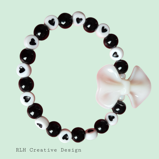 Black & White Heart with Bow Accent Hand Beaded Stretch Bracelet by RLH Creative Design