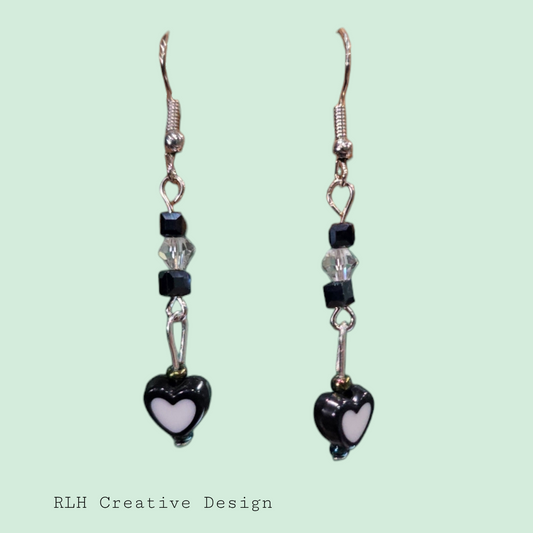 Long Black and Silver Heart Dangle Earrings by RLH Creative Design