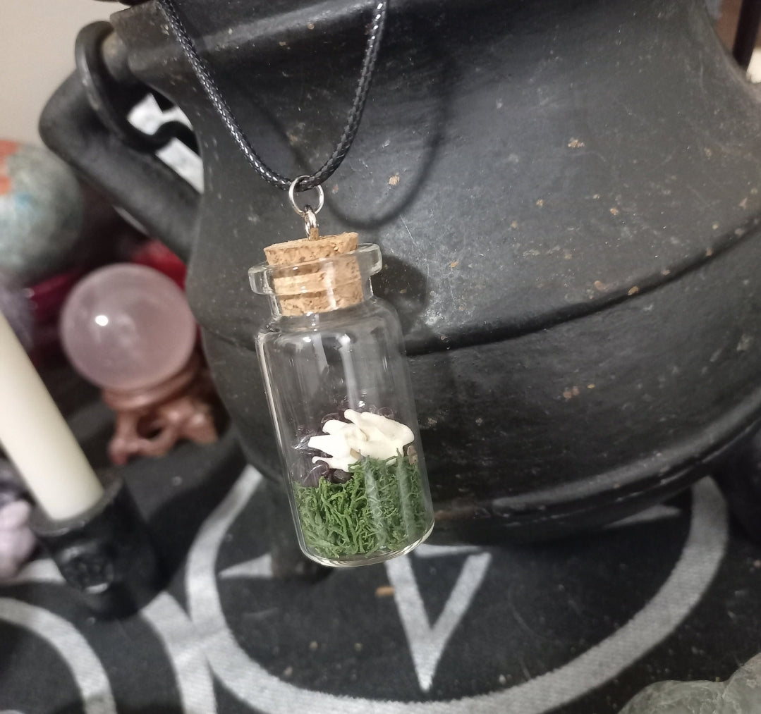 Raccoon Tooth Crystal Moss Jar Necklace - Hand Crafted