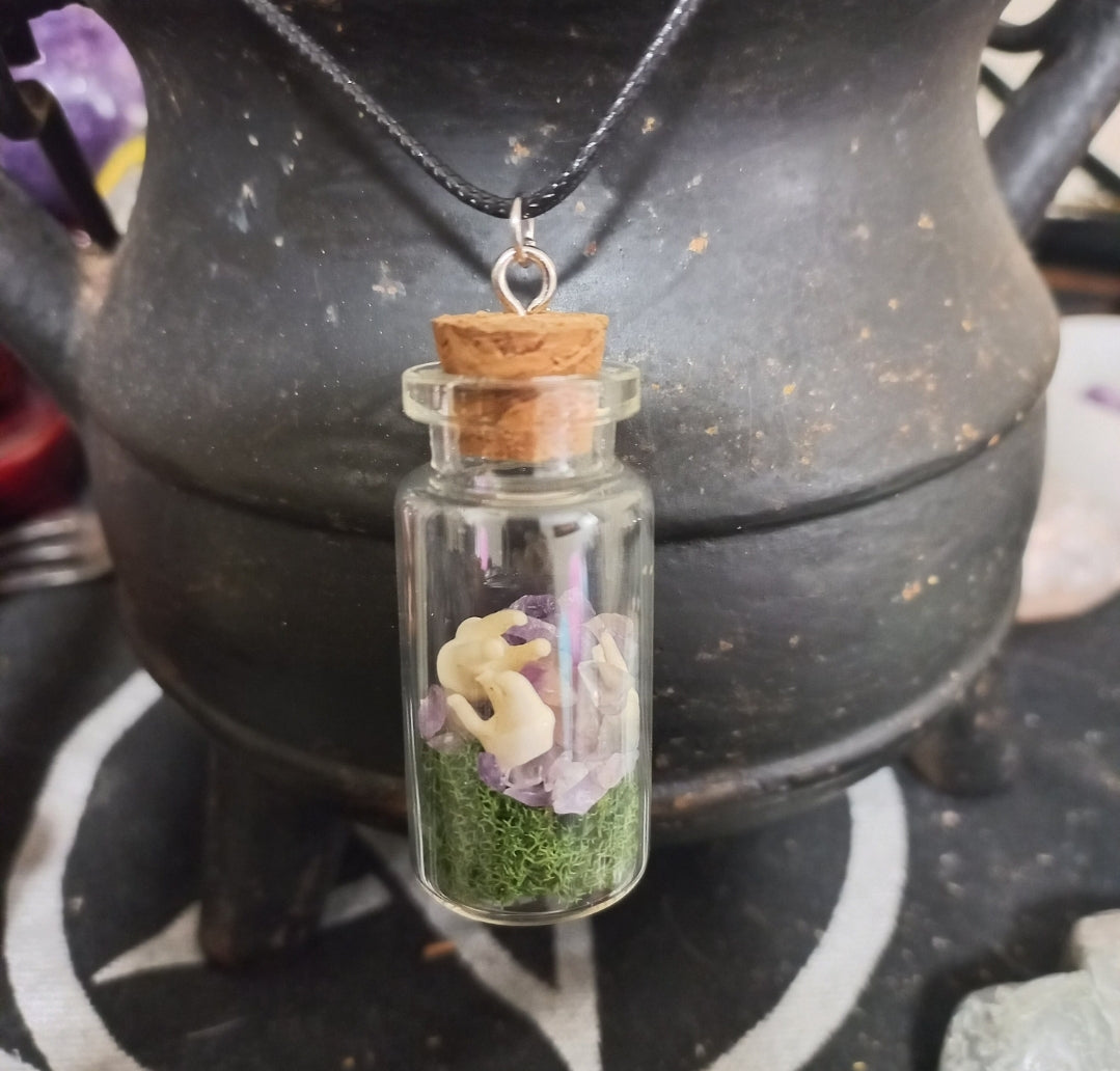 Raccoon Tooth Crystal Moss Jar Necklace - Hand Crafted