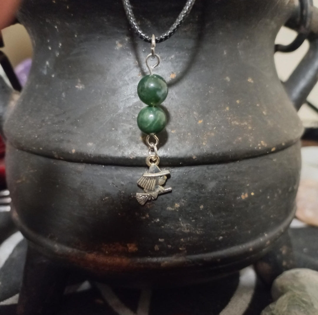 Witch on Broomstick w/ Genuine Semi-Precious Crystal Moss Agate Necklace - Hand Crafted by Bone Mother Boutique