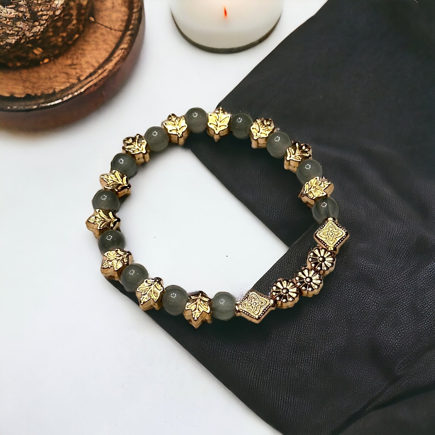Green Beaded Stretch Bracelet with Gold Leaf Accent Beads