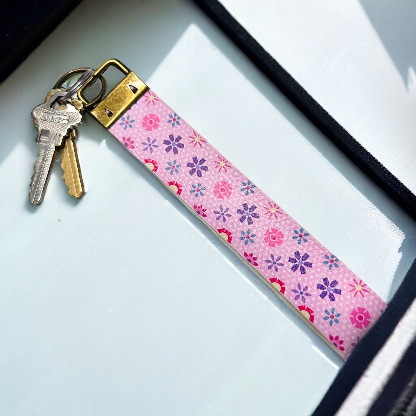 Pink Flower Faux Leather Wristlet