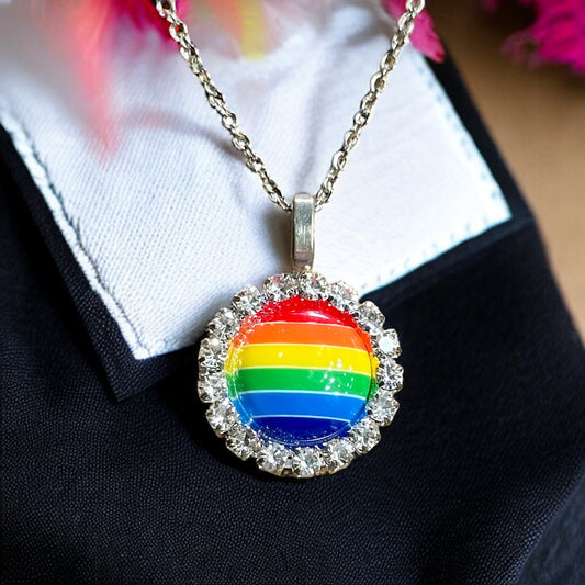 Rainbow Rhinestone Pride Button Embellishment Necklace