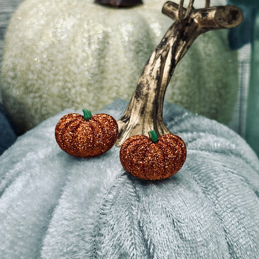 Glittered Pumpkin Button Stud Earrings