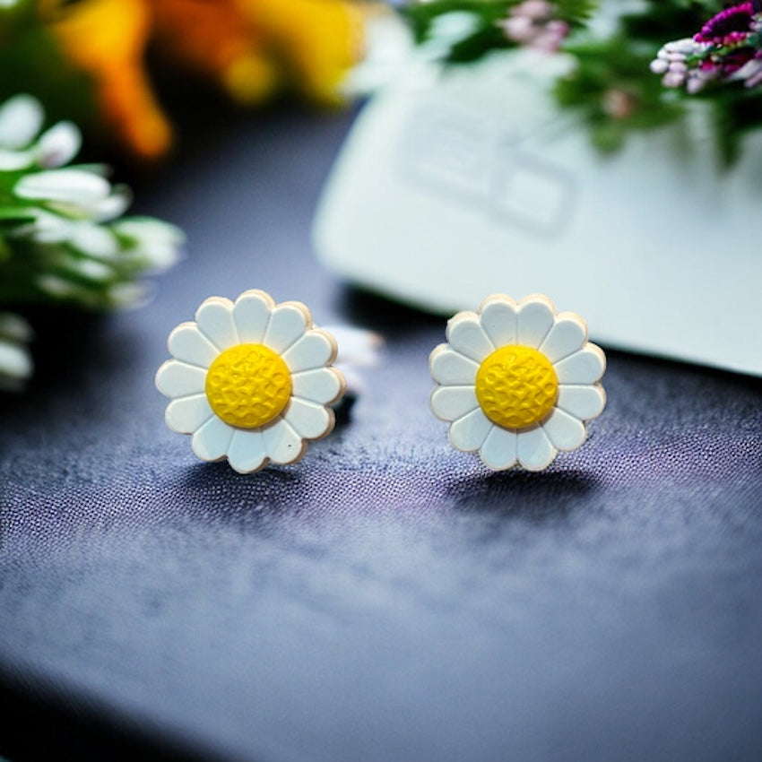 White and Yellow Just Daisies Button Stud Earrings