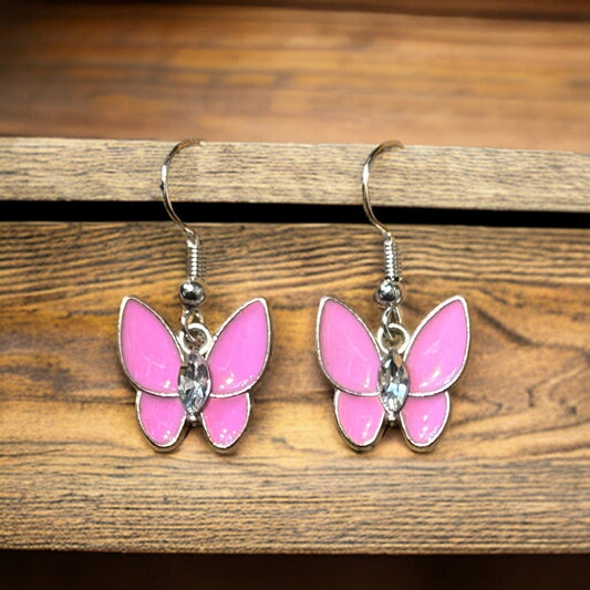 Pink Butterfly With Gem Charm Dangle Earrings
