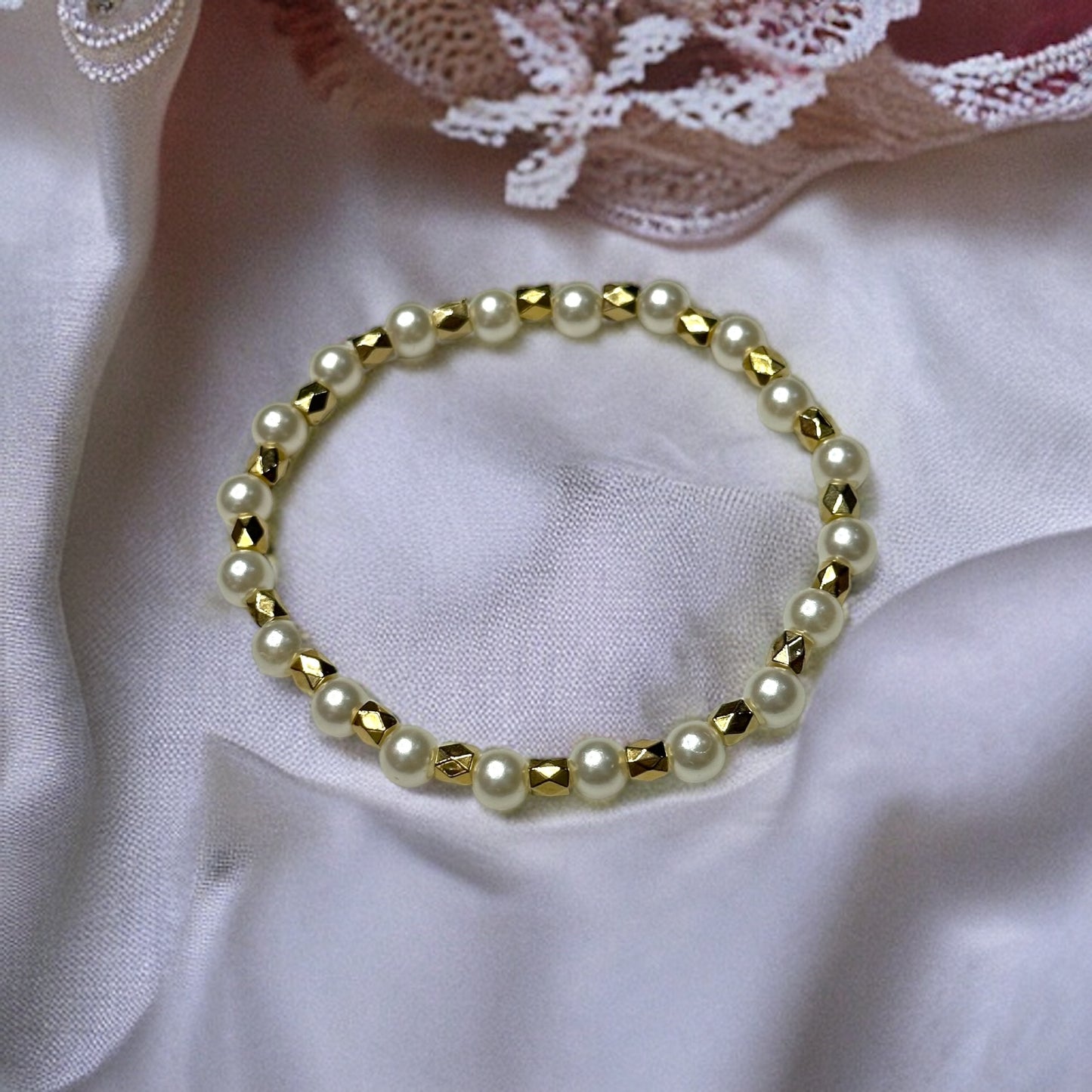 Faux Pearl Beaded Stretch Bracelet with Silver or Gold Accents