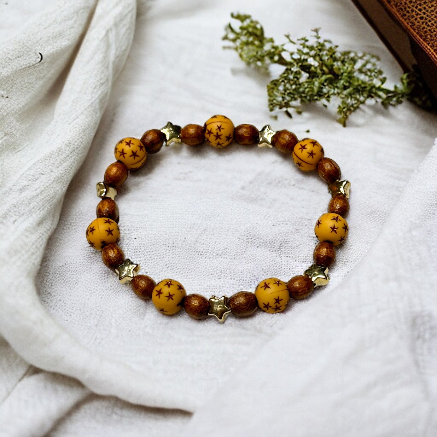 Wooden Beaded Stretch Bracelet with Star Accents