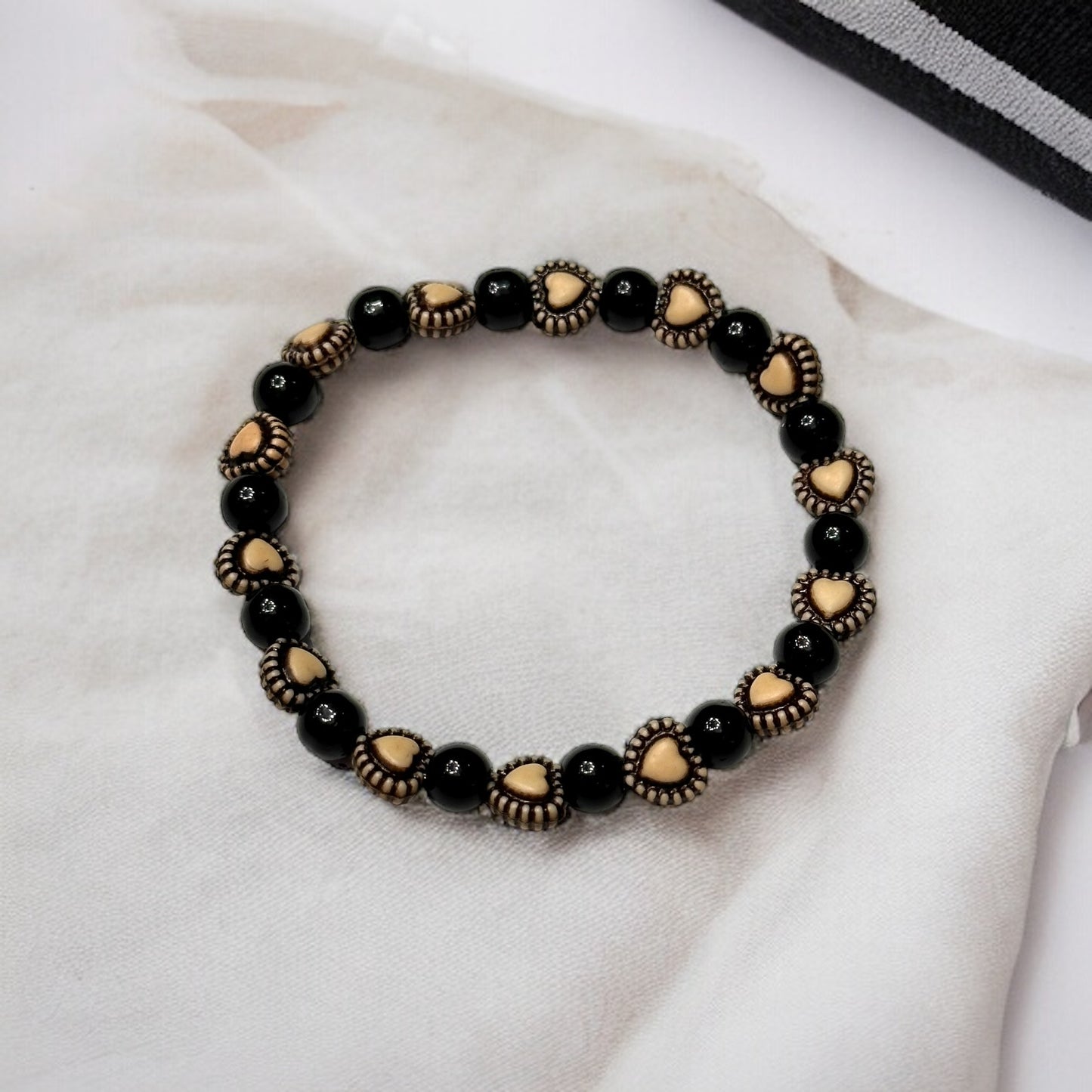 Black & Gold Beaded Stretch Bracelet with Heart Accent Beads