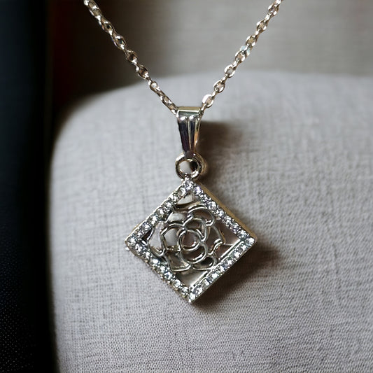 Square Rose Charm Bling Necklace
