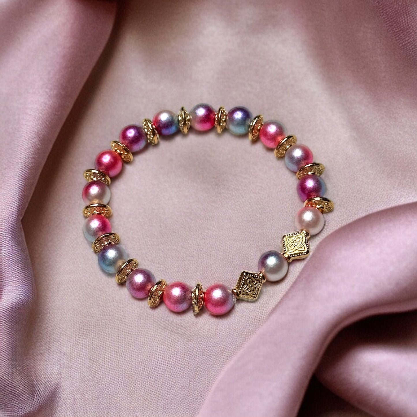 Pink and Purple Gradient Pearl Stretch Bracelet