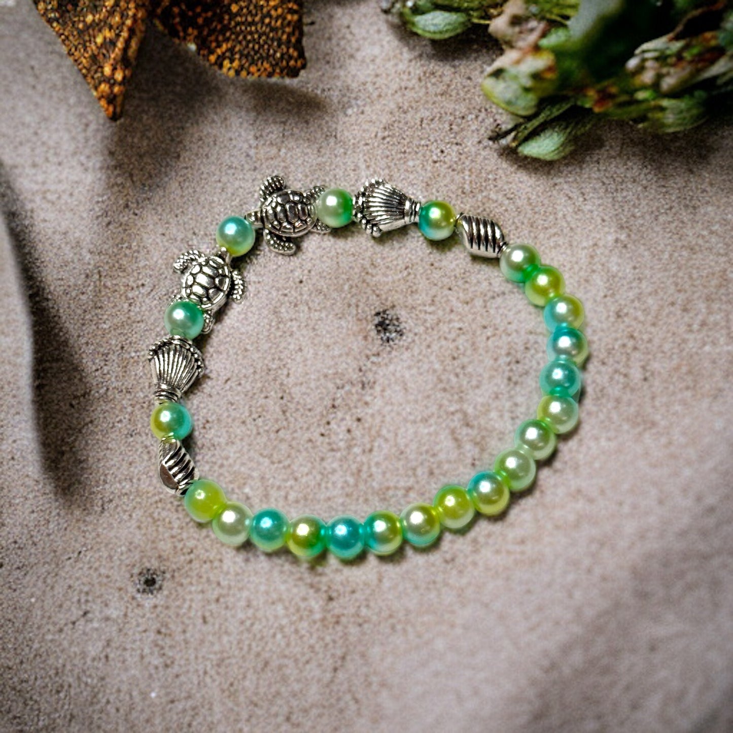 Blue & Green Gradient Beaded Stretch Bracelet with Sea Turtle Accents