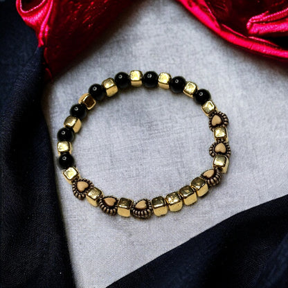 Black & Gold Beaded Stretch Bracelet with Heart Accent Beads