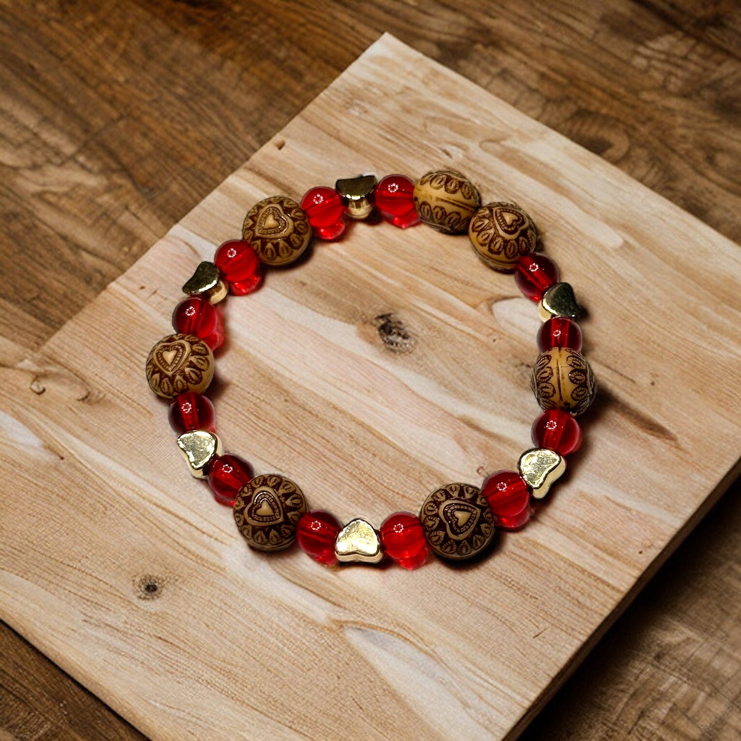 Red & Brown Beaded Stretch Bracelet with Gold Heart Accent Beads