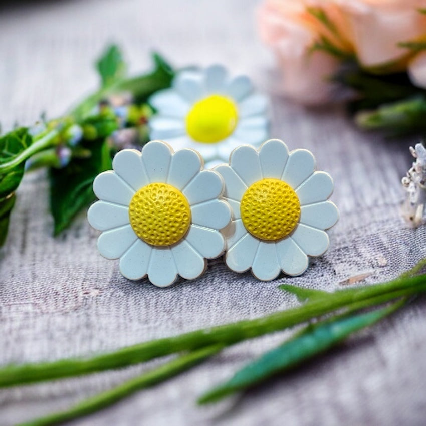 White and Yellow Just Daisies Button Stud Earrings